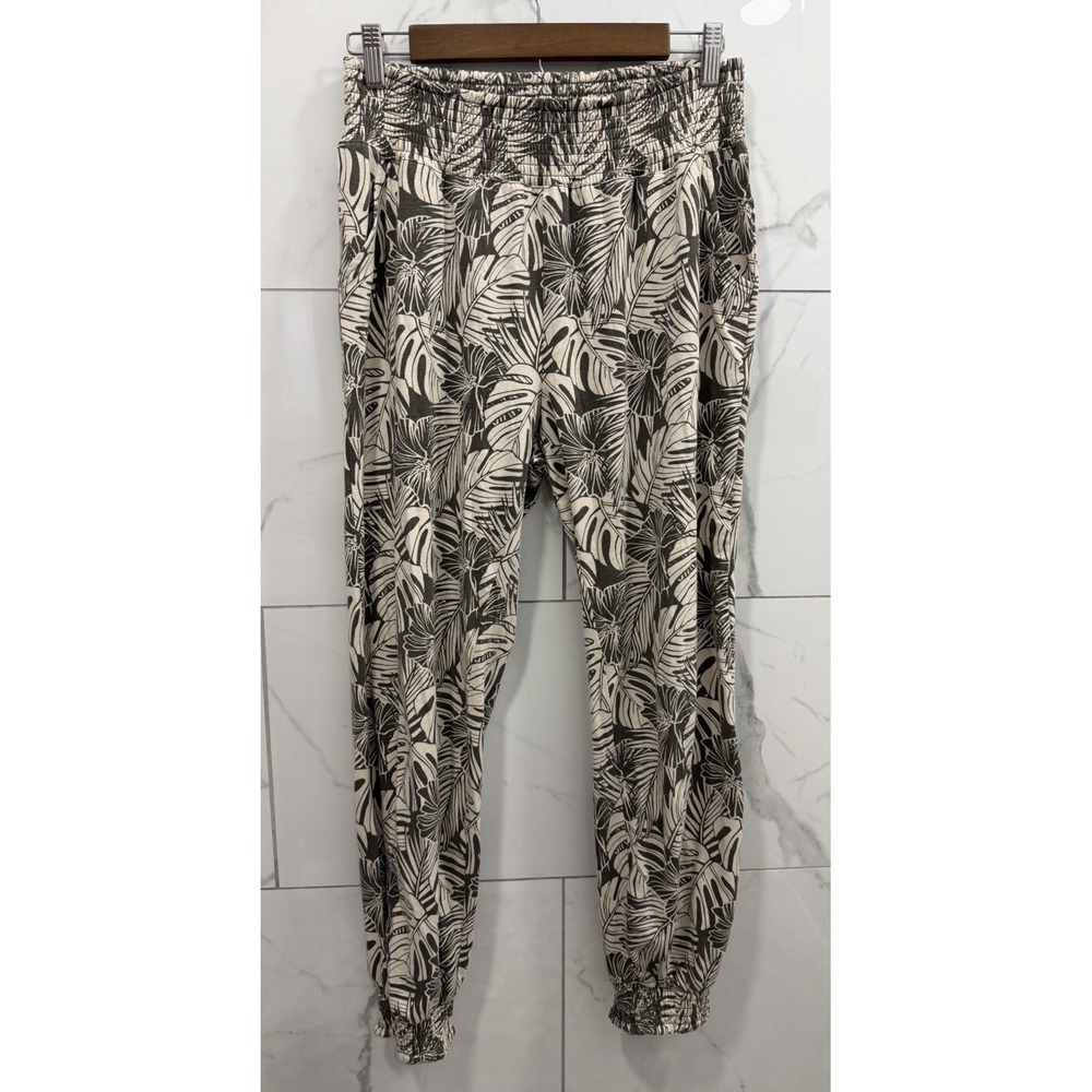 PACT Organic Women's Tropical Palm Print Green Jogger Pants Size M Beach